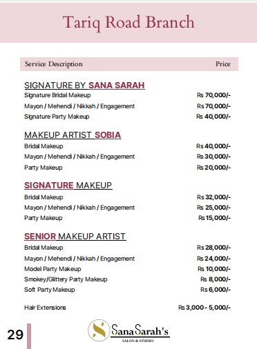 Rate list — Tariq Road